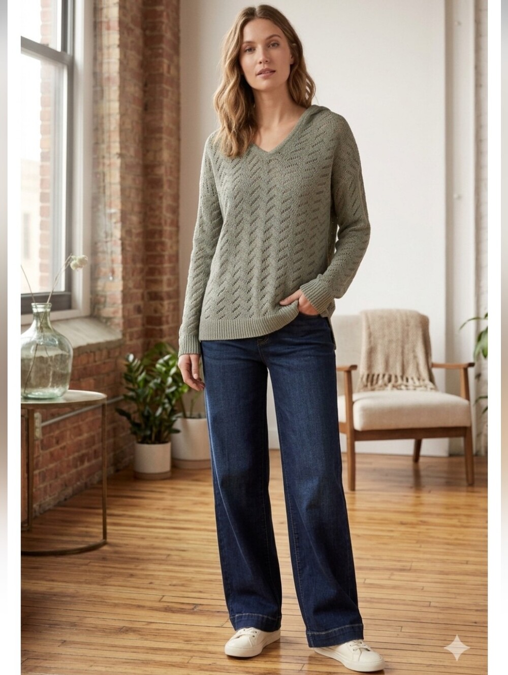 Natural Reflections Pointelle Knit Pullover Hoodie Sweater in a sage green color